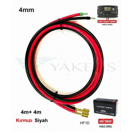 2.5mm (4m+4m) Solar Regülatör Kuru Akü Bağlantı Kablosu Hazır Seti –  Şarj Kontrol Cihazı Dişi Faston Soket Papuçlu Kırmızı Siyah Kablo